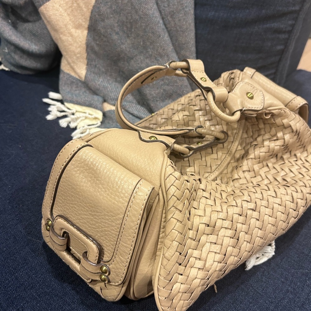 Cole Haan Woven Leather Satchel Beige Neutral Shoulder Bag - Picture 3 of 5